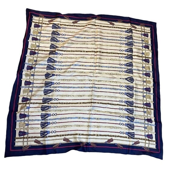 Chico's 38" Square Multicolor Scarf Belt Chain Tassel Design Blue Hand Hemmed - Picture 2 of 6